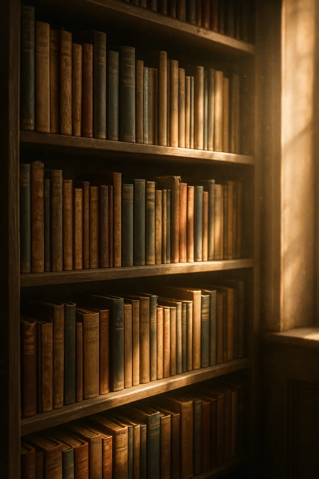 Warm golden light filtering across a quiet personal library