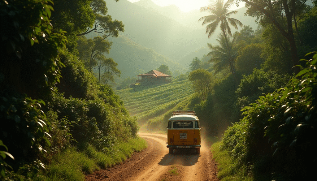 A winding dirt road curves through the lush, emerald jungle of Jamaica's Blue Mountains, leading to a sunlit coffee farm—a visual metaphor for embracing life's beautiful detours.