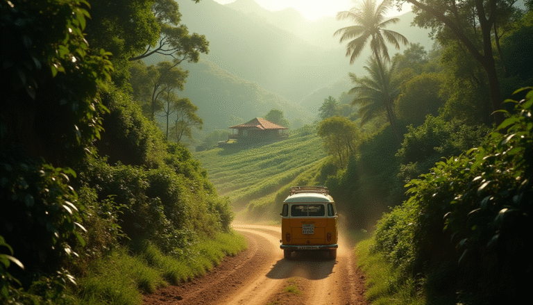 A winding dirt road curves through the lush, emerald jungle of Jamaica's Blue Mountains, leading to a sunlit coffee farm—a visual metaphor for embracing life's beautiful detours.