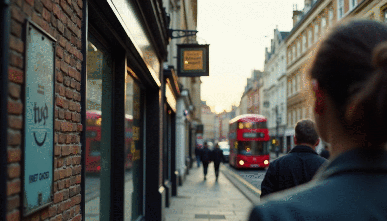 A quiet, cobbled London side street in the soft morning light, focusing on the ornate architecture and a faded ghost sign above a shopfront, inviting a deeper exploration of the city.
