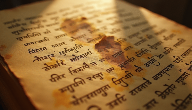 A close-up of an ancient Indian manuscript where the handwritten script is fading into transparency, revealing a ghostly image of a grandmother and child, symbolizing the loss of languages and the intergenerational stories they hold.