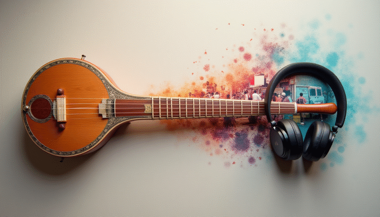 A symbolic flat-lay photograph showing a traditional Indian sitar on one side, with its musical notes transforming into a modern soundwave that wraps around a pair of headphones, representing the journey of creating a new personal soundtrack while living abroad.