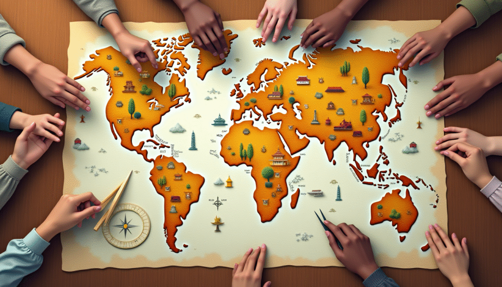 An illustrated vintage map showing a maze of cultural symbols—from chopsticks to baguettes to bowing figures—with a compass made of diverse hands, representing the journey through global customs and unwritten social rules.
