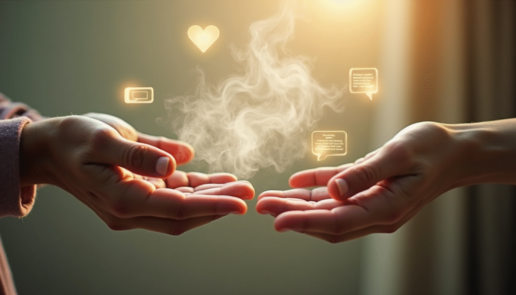 Conceptual art showing the invisible inheritance between generations, with translucent representations of laughter, worry, recipes, and words passing between an older and younger person's hands.