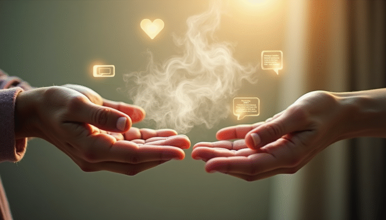 Conceptual art showing the invisible inheritance between generations, with translucent representations of laughter, worry, recipes, and words passing between an older and younger person's hands.