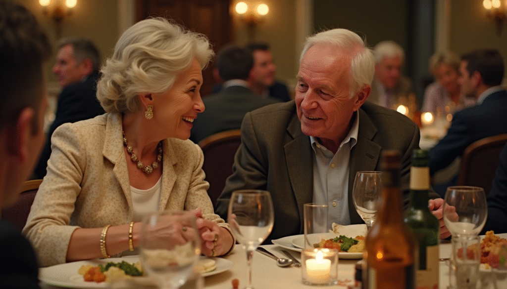 An elderly couple at a crowded dinner table sharing a moment of silent understanding, as the wife's subtle glance across the room is met with her husband's knowing smile—capturing the unspoken language of a long marriage.