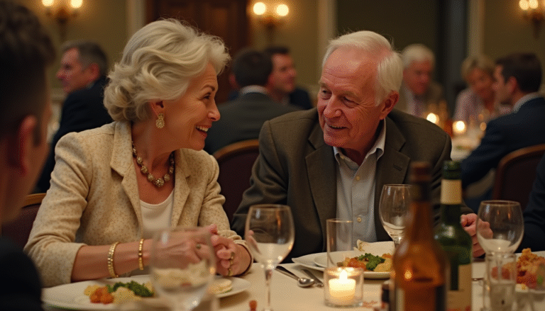 An elderly couple at a crowded dinner table sharing a moment of silent understanding, as the wife's subtle glance across the room is met with her husband's knowing smile—capturing the unspoken language of a long marriage.